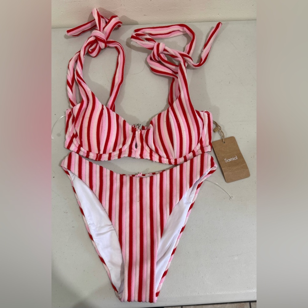 Samiol Striped Pink & Red Tie-Shoulder Bikini by Samial